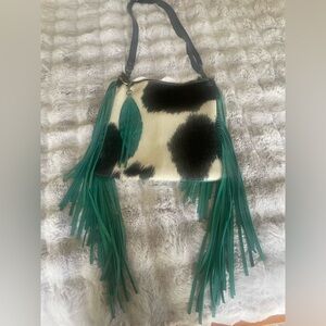 Jill’s Homestead Dolly Crossbody Bag. Bright Turquoise and Cranberry, cowhide.